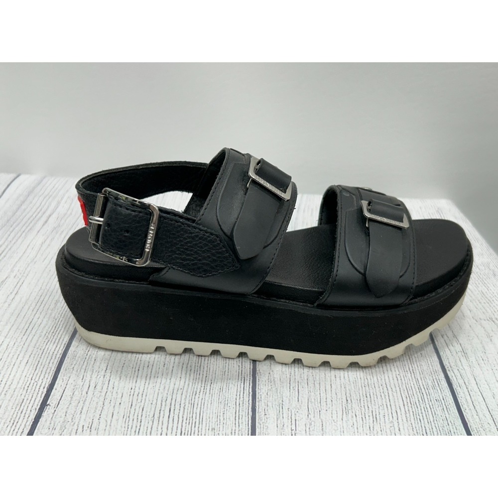 Hunter Sandals Womens Size 8? Black Leather Double Buckle Strap Platform Chunky - Picture 5 of 13